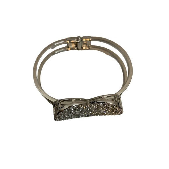 Silver Tone Rhinestone Heart Cuff Bracelet Hinged Bangle Sparkle Glam Gift - Picture 3 of 6